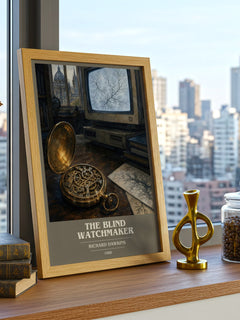 The Blind Watchmaker book cover print framed by window – literary home decor