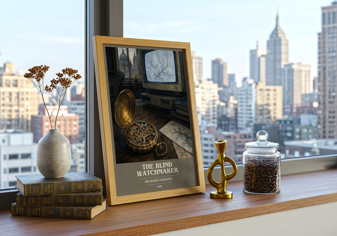 The Blind Watchmaker book cover print framed by window – literary home decor