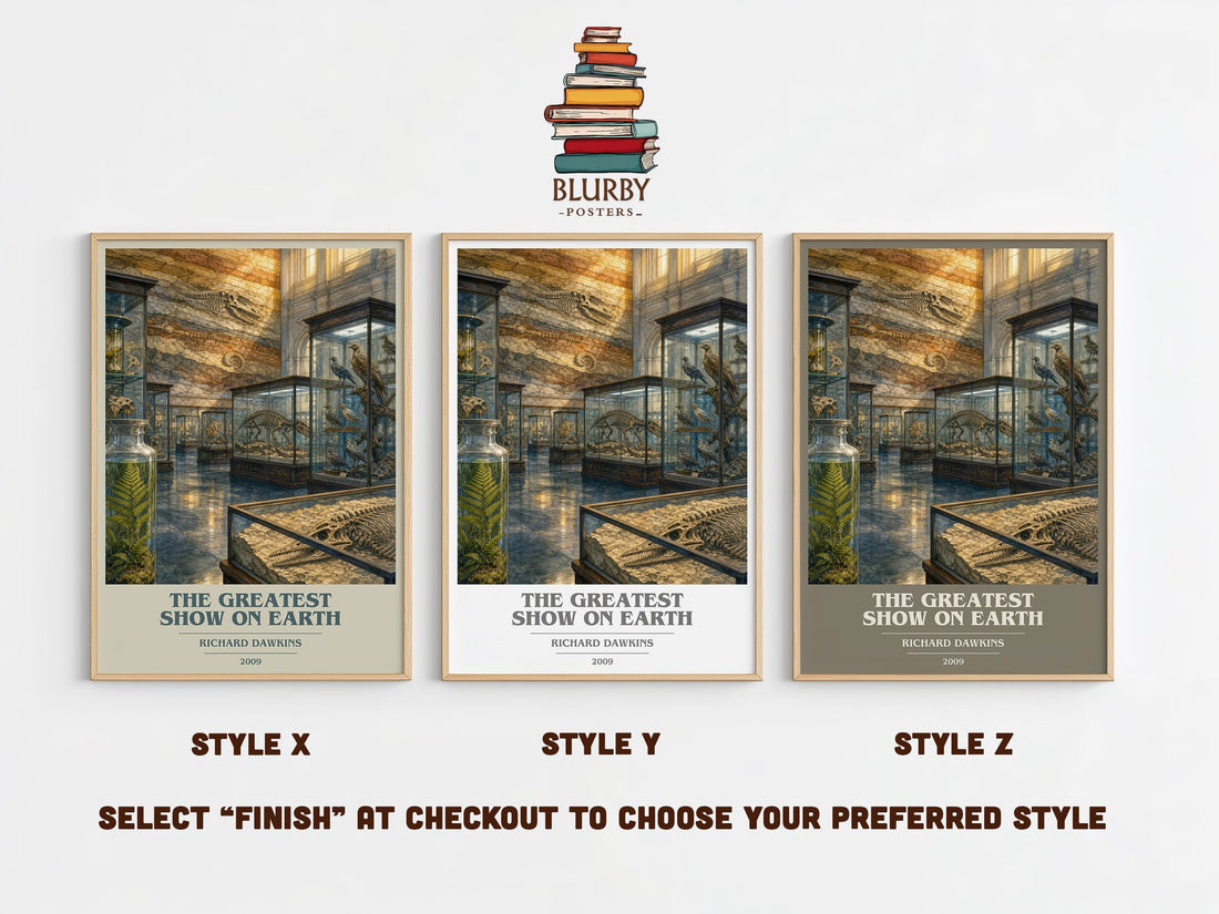 The Greatest Show on Earth book cover print in frame leaning in hallway – non fiction wall art (mockup)