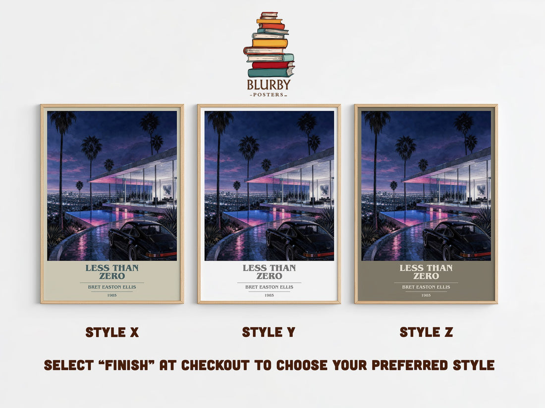Less than Zero book cover print in frame leaning in hallway – literary fiction wall art (mockup)