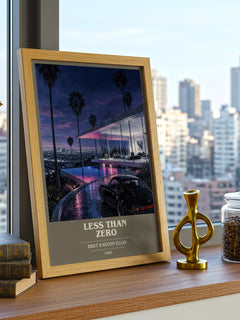 Less than Zero Book Cover Poster by Bret Easton Ellis – framed print on a city-view windowsill