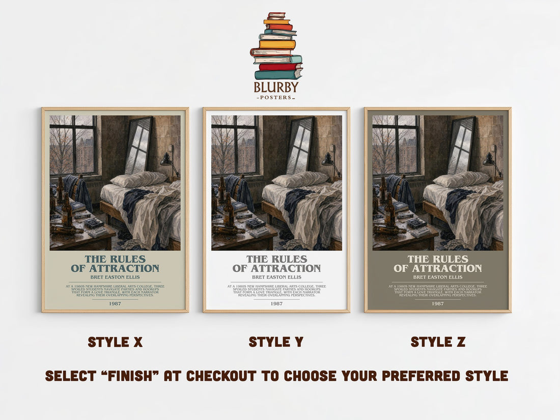 The rules of attraction bookish print in frame leaning in hallway – contemporary fiction wall art (mockup)