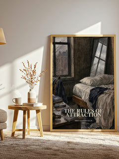 The rules of attraction watercolour print in frame leaning in hallway – contemporary fiction wall art