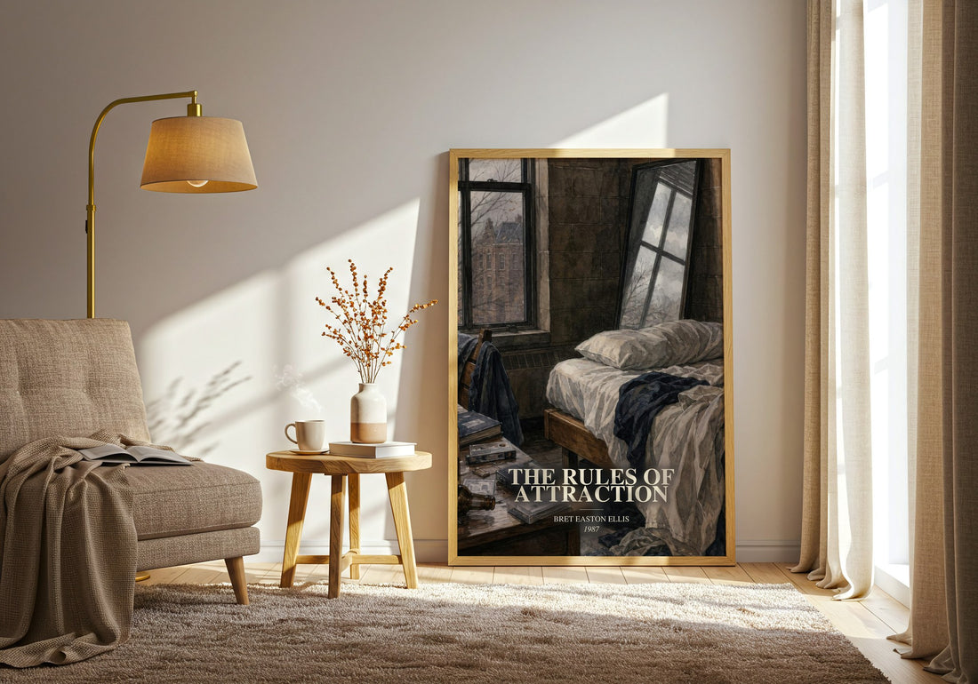 The rules of attraction watercolour print in frame leaning in hallway – contemporary fiction wall art