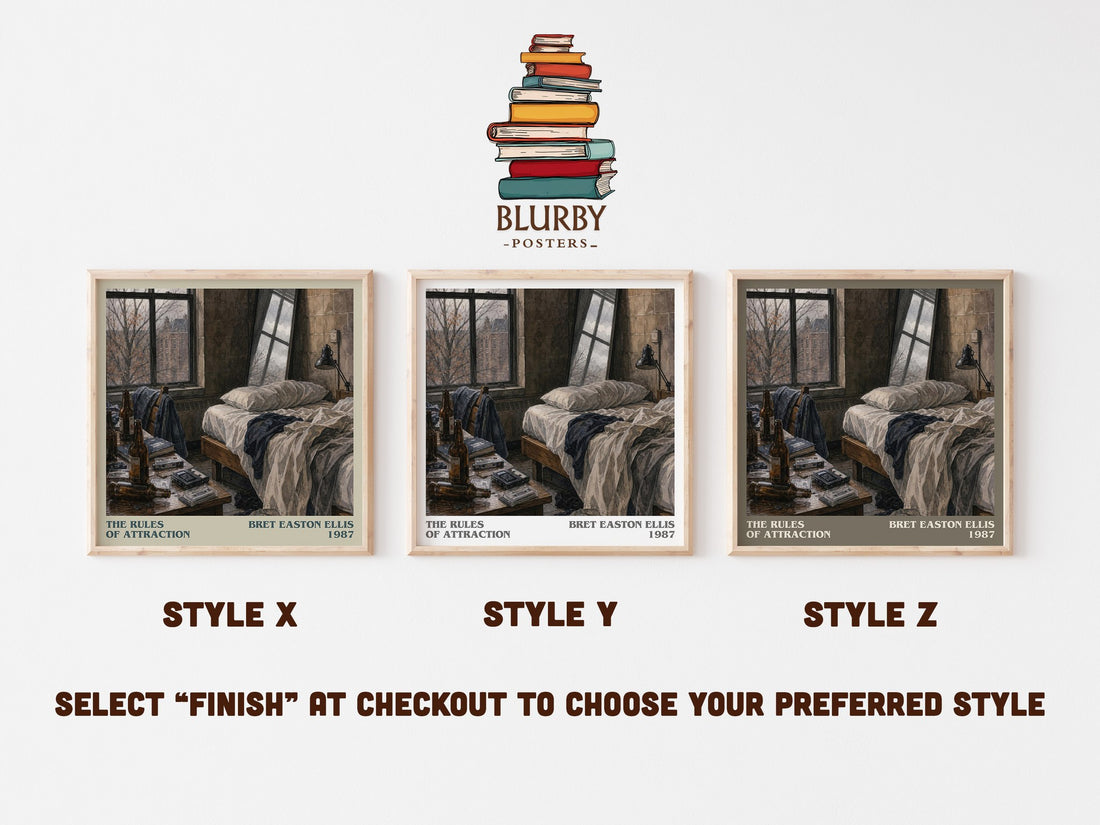 The rules of attraction literary print in frame leaning in hallway – contemporary fiction wall art (mockup)
