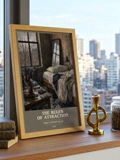 The rules of attraction book cover print framed by window – literary home decor