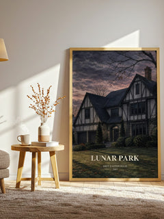 Lunar Park watercolour print in frame leaning in hallway – horror wall art