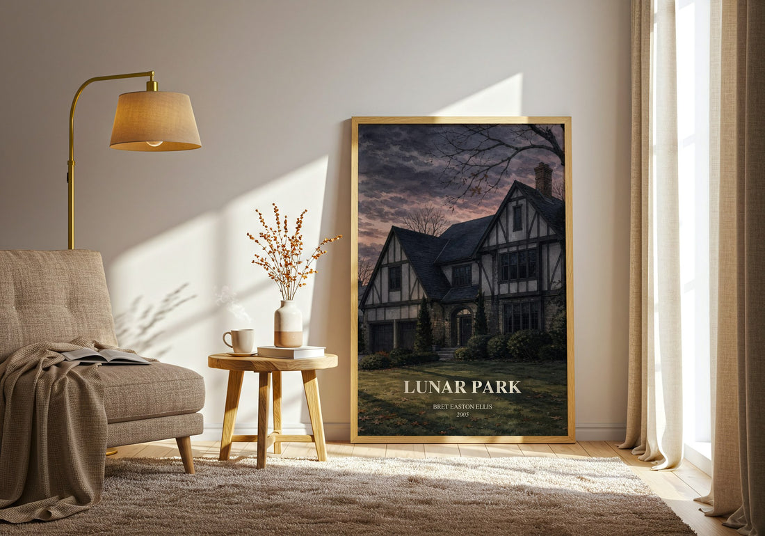 Lunar Park watercolour print in frame leaning in hallway – horror wall art