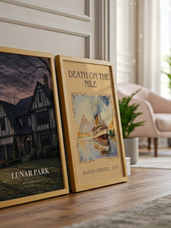 Lunar Park watercolour print framed by window – literary home decor