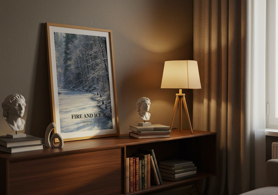 Fire and Ice watercolour print on bookshelf – Erin Hunter fan gift
