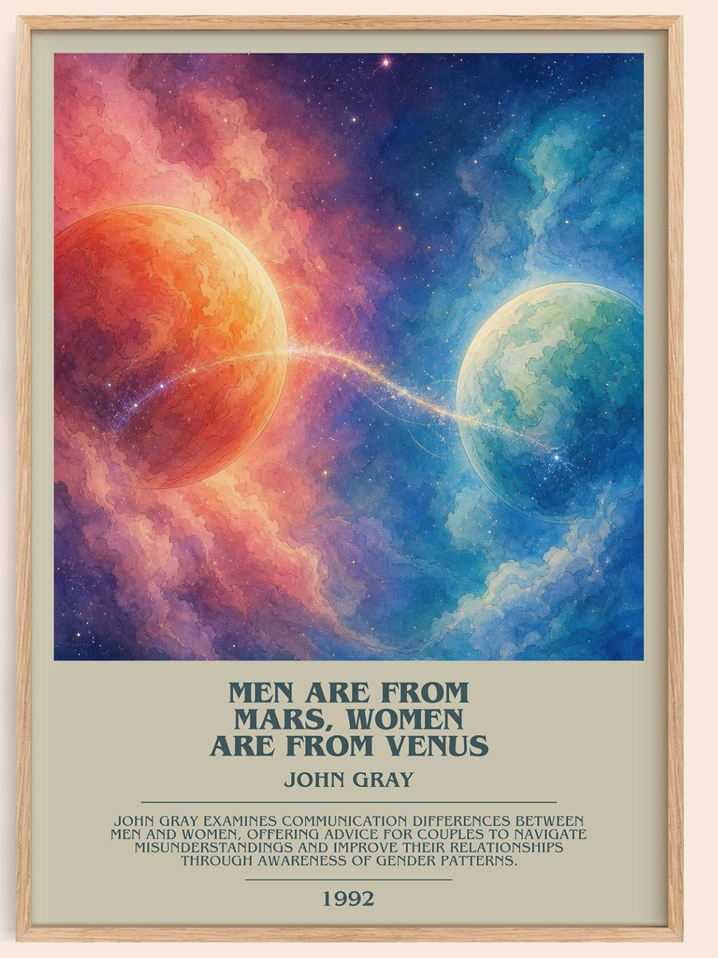 Men are From Mars, Women are From Venus bookish book poster by John Gray – framed literary art print