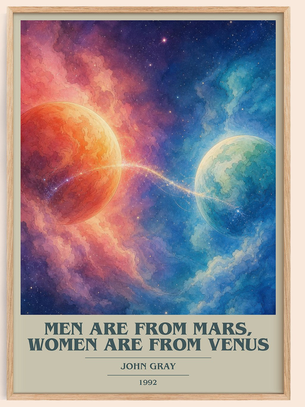Men are From Mars, Women are From Venus book cover book poster by John Gray – framed literary art print