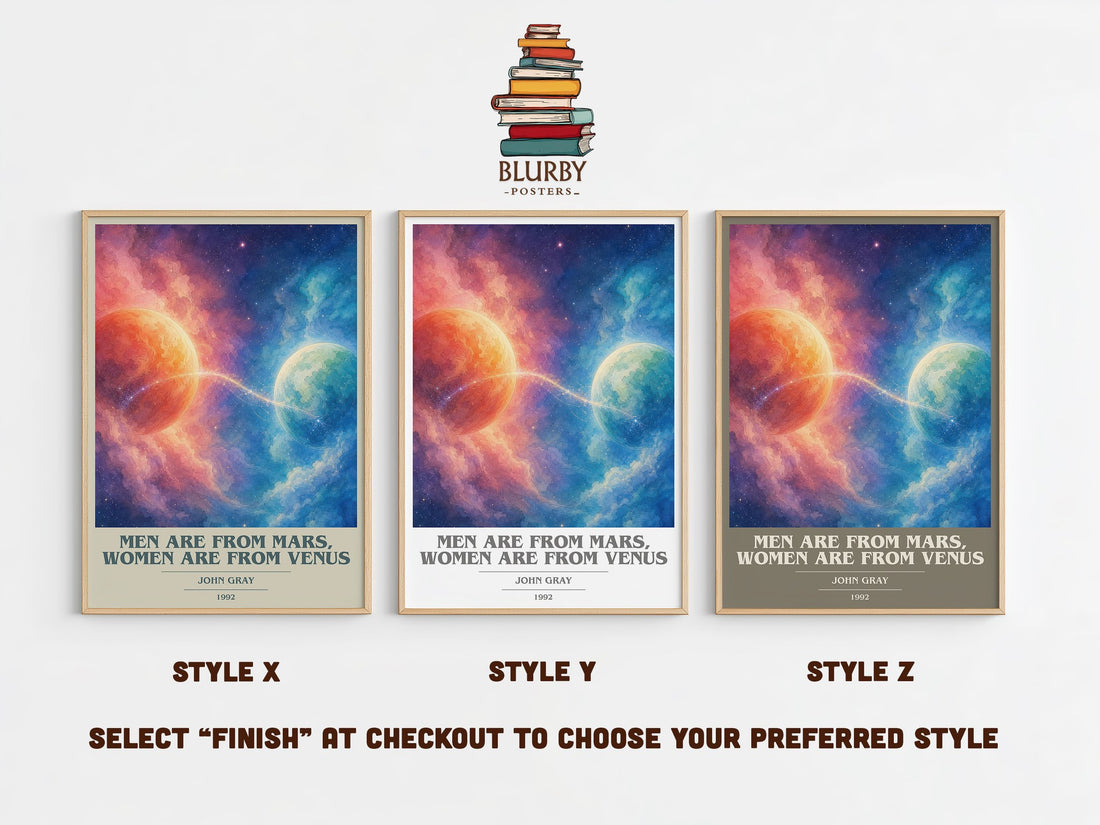 Men are From Mars, Women are From Venus book cover print in frame leaning in hallway – non fiction wall art (mockup)