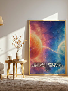 Men are From Mars, Women are From Venus watercolour print in frame leaning in hallway – non fiction wall art