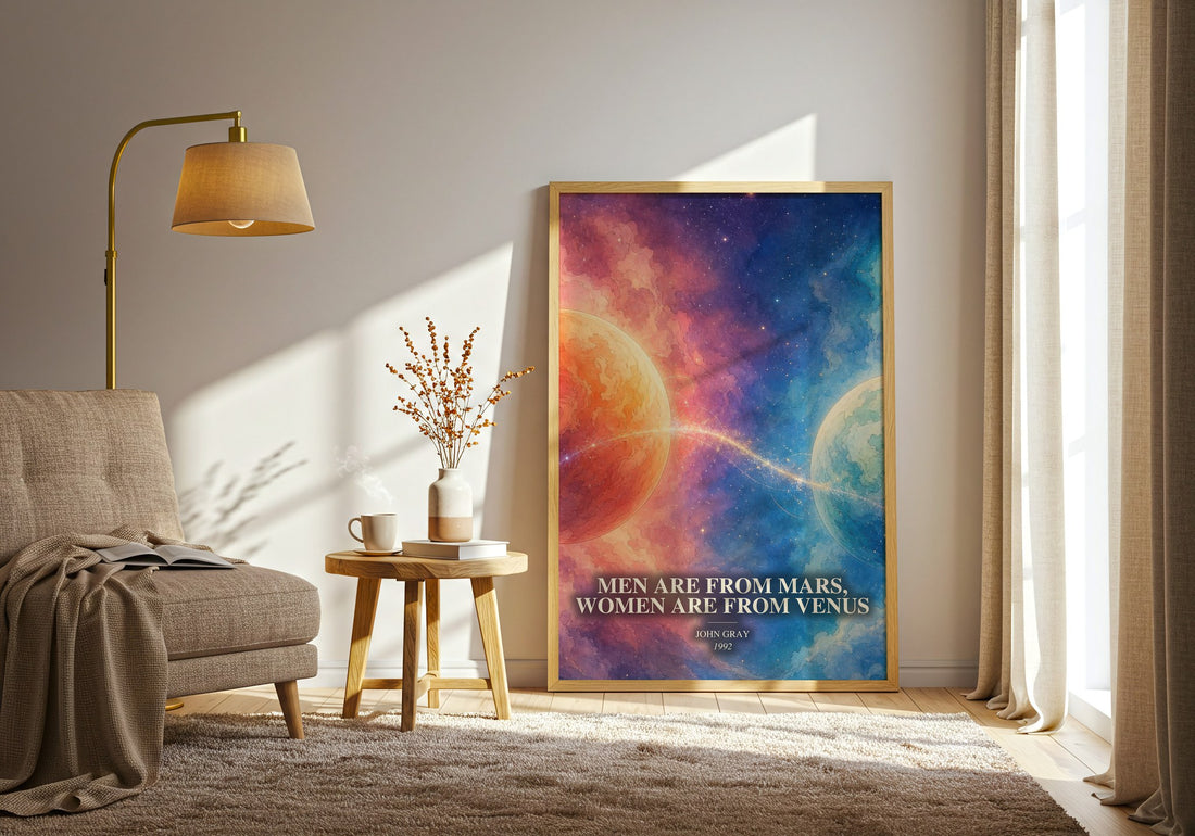 Men are From Mars, Women are From Venus watercolour print in frame leaning in hallway – non fiction wall art