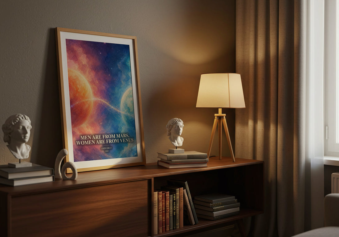Men are From Mars, Women are From Venus watercolour print on bookshelf – John Gray fan gift