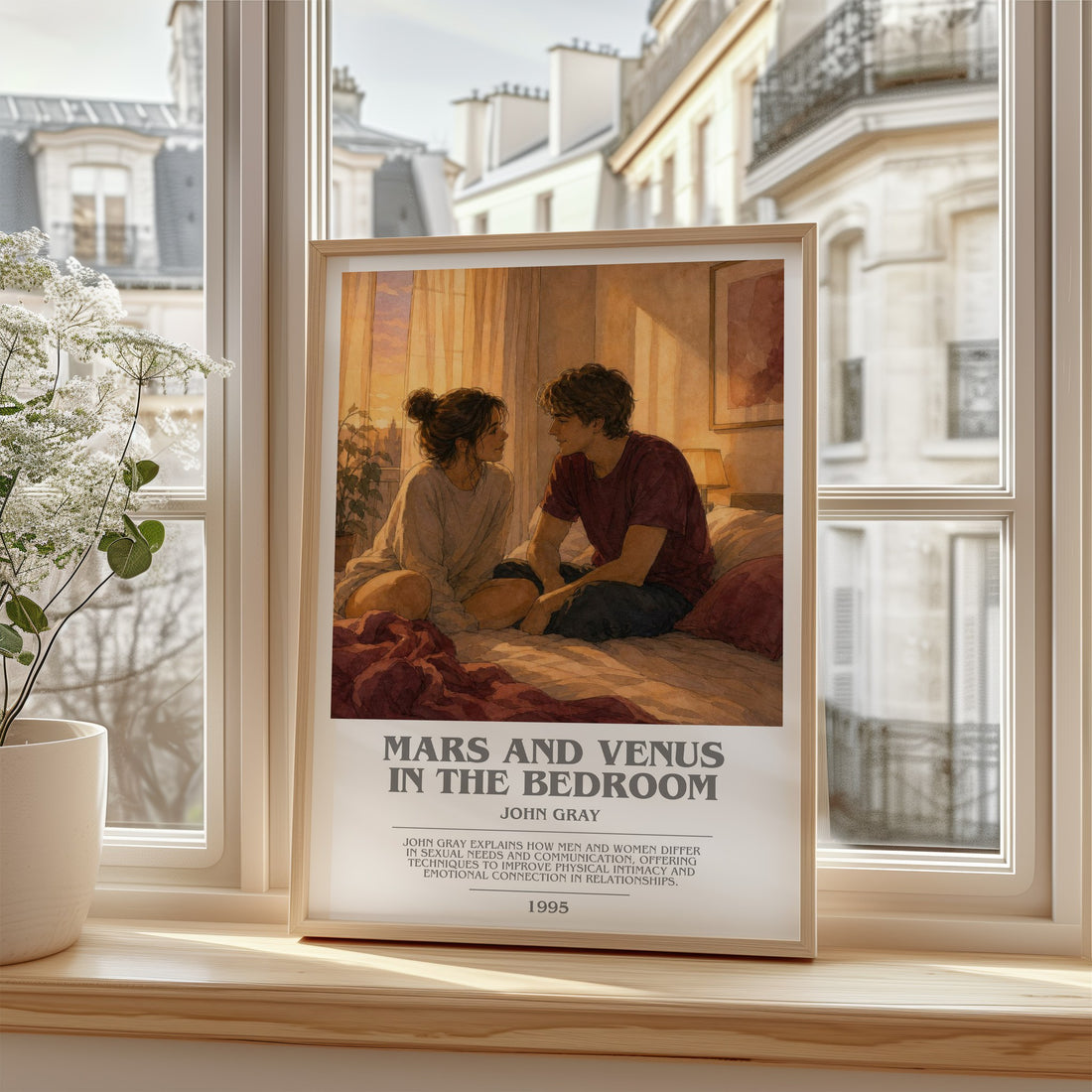 Mars and Venus in the bedroom bookish poster colour and style options – John Gray book art (mockup)