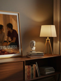Mars and Venus in the bedroom watercolour print on bookshelf – John Gray fan gift