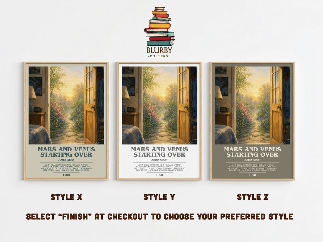 Mars and Venus Starting Over bookish print in frame leaning in hallway – non fiction wall art (mockup)