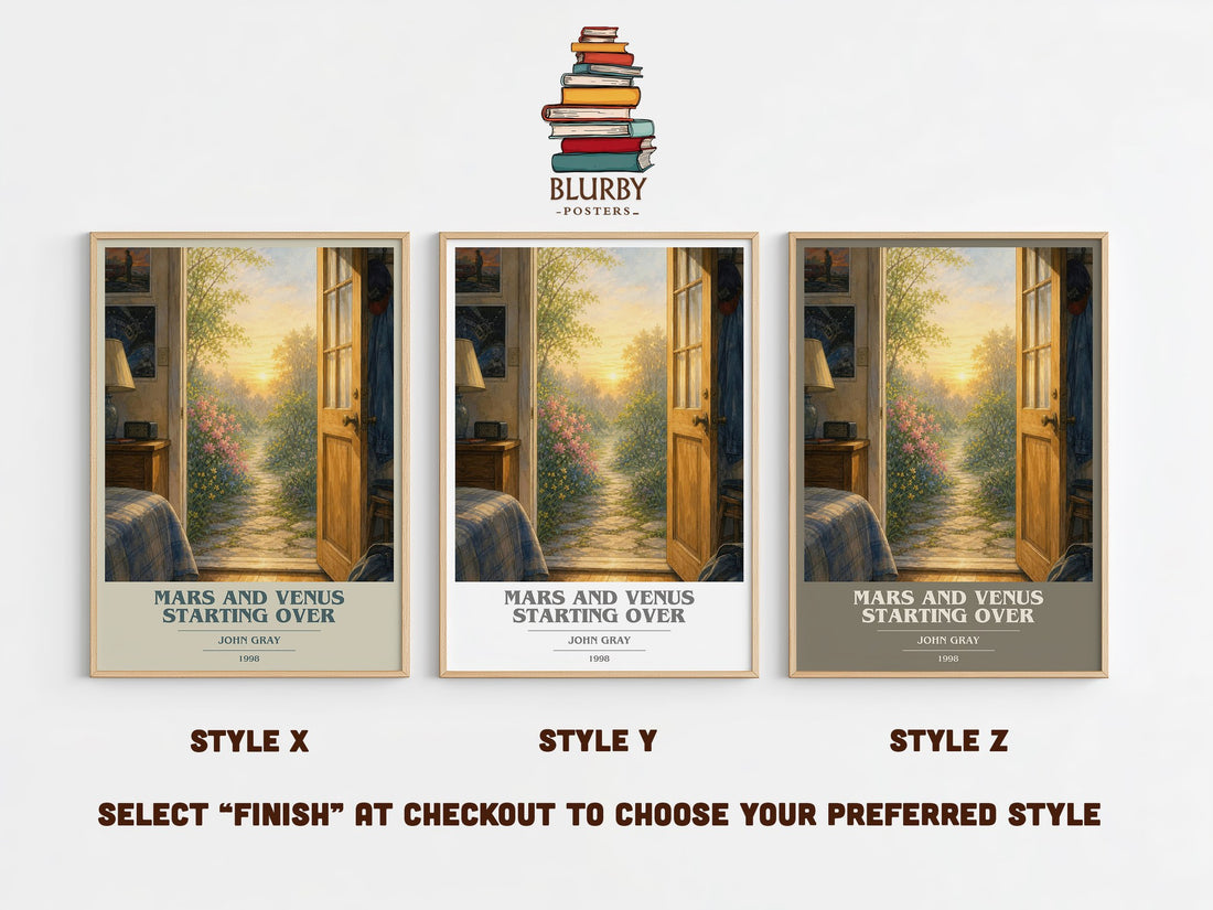Mars and Venus Starting Over book cover print in frame leaning in hallway – non fiction wall art (mockup)