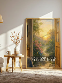 Mars and Venus Starting Over watercolour print in frame leaning in hallway – non fiction wall art