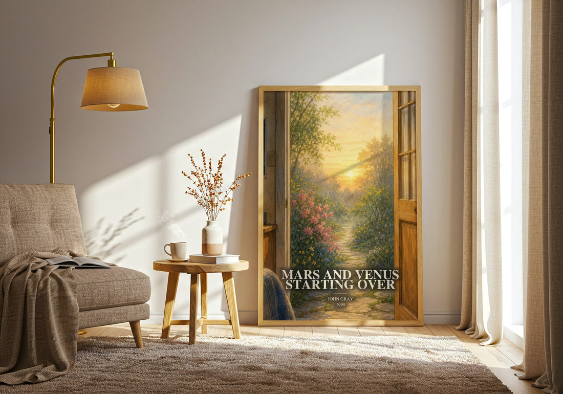 Mars and Venus Starting Over watercolour print in frame leaning in hallway – non fiction wall art