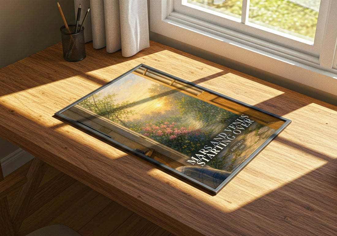 Mars and Venus Starting Over watercolour book poster framed on wall – non fiction wall art
