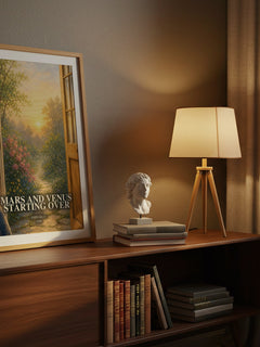 Mars and Venus Starting Over watercolour print on bookshelf – John Gray fan gift