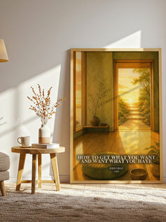 How to Get What You Want and Want What You Have watercolour print in frame leaning in hallway – non fiction wall art