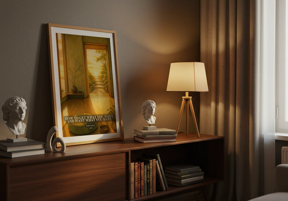 How to Get What You Want and Want What You Have watercolour print on bookshelf – John Gray fan gift