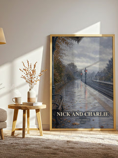 Nick and Charlie watercolour print in frame leaning in hallway – young adult wall art