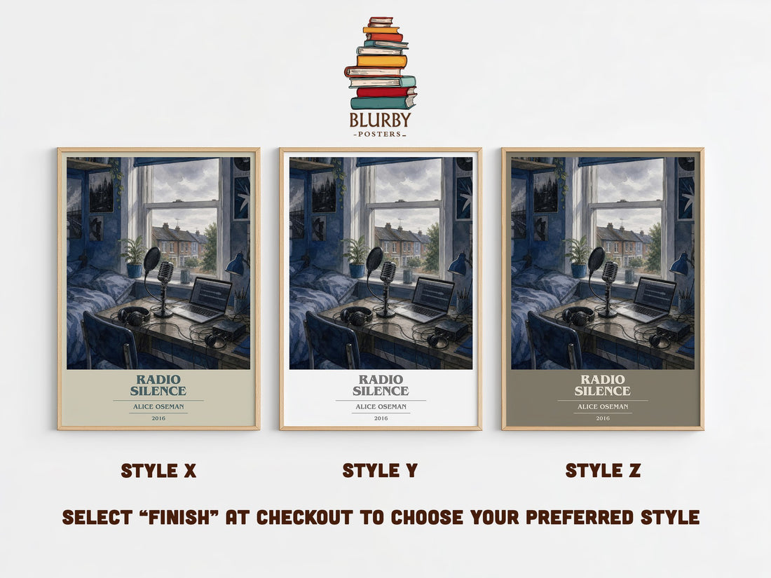 Radio Silence book cover print in frame leaning in hallway – young adult wall art (mockup)