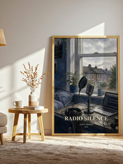 Radio Silence watercolour print in frame leaning in hallway – young adult wall art