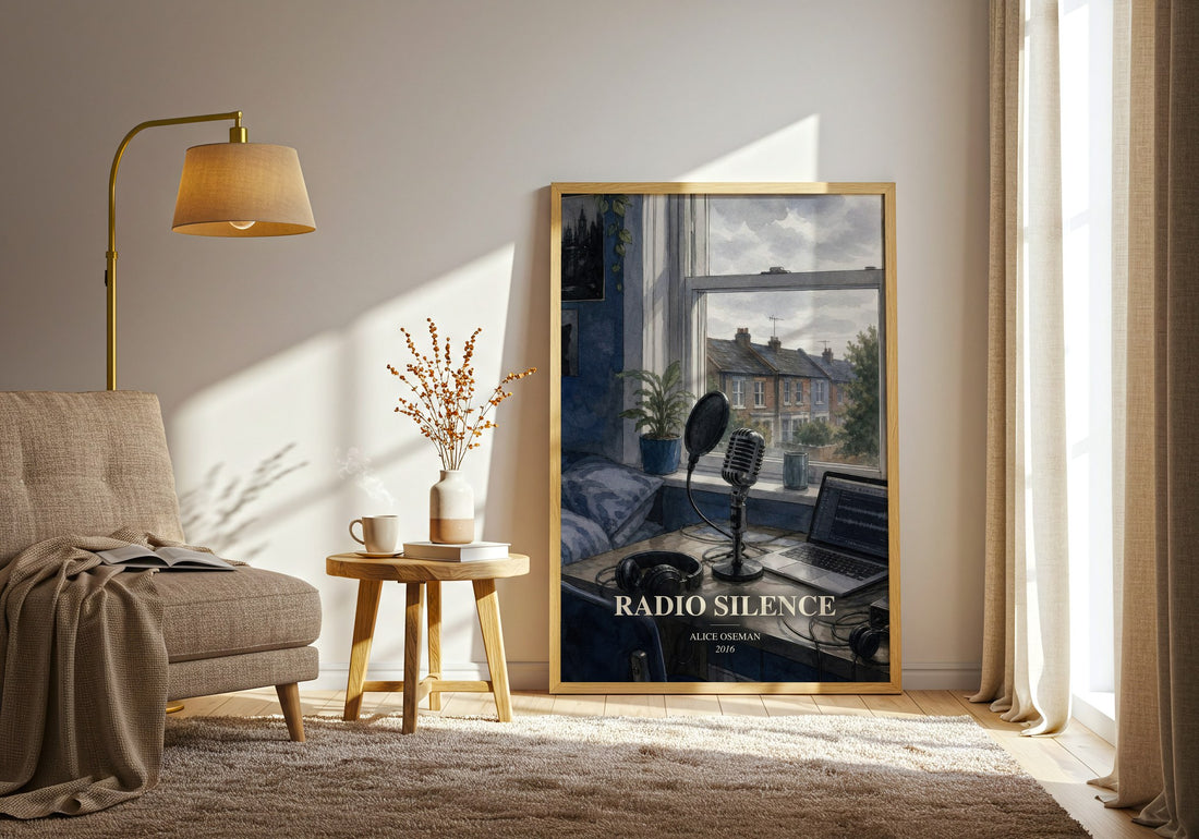 Radio Silence watercolour print in frame leaning in hallway – young adult wall art