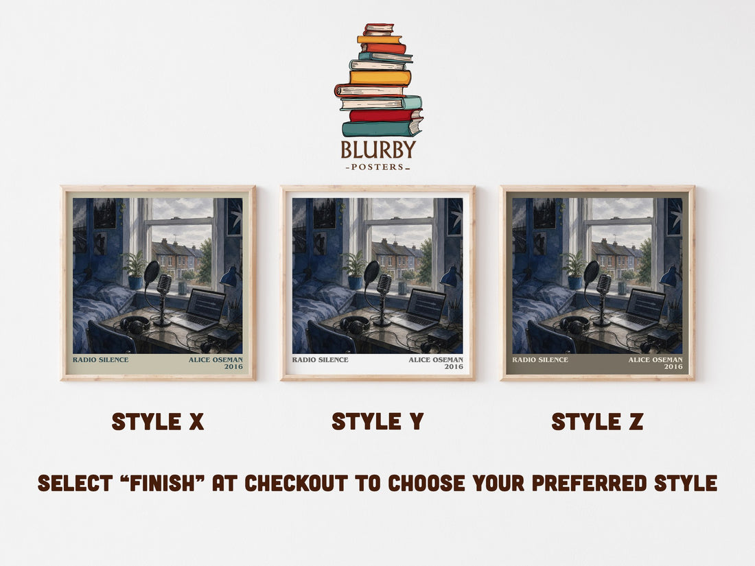 Radio Silence literary print in frame leaning in hallway – young adult wall art (mockup)