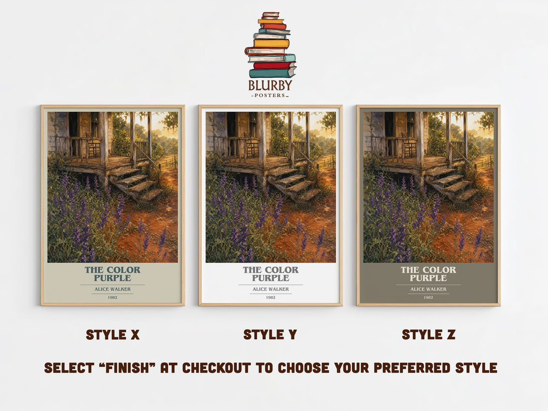 The Color Purple book cover print in frame leaning in hallway – literary fiction wall art (mockup)