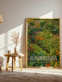 In Search of Our Mother's Garden watercolour print in frame leaning in hallway – non fiction wall art