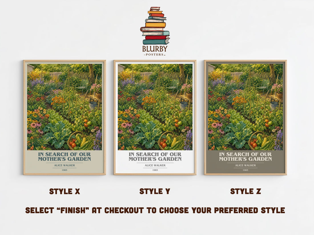 In Search of Our Mother's Garden book cover print in frame leaning in hallway – non fiction wall art (mockup)
