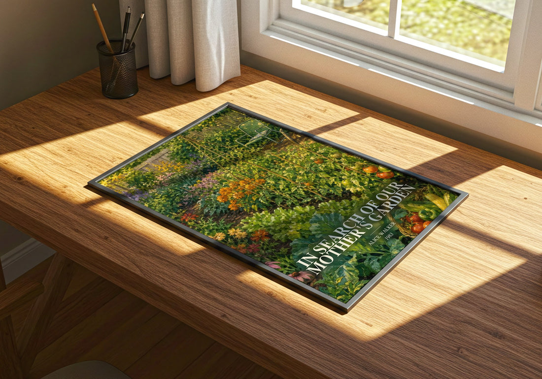 In Search of Our Mother's Garden watercolour book poster framed on wall – non fiction wall art