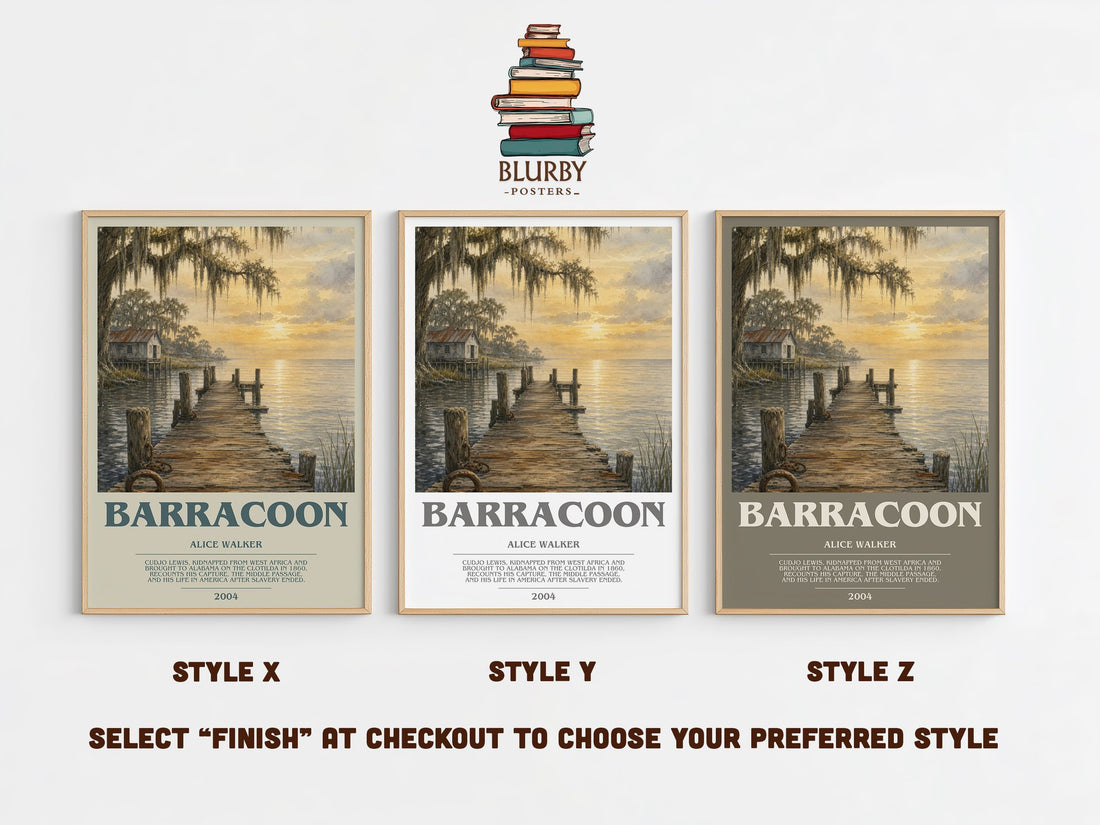 Barracoon bookish print in frame leaning in hallway – memoir wall art (mockup)