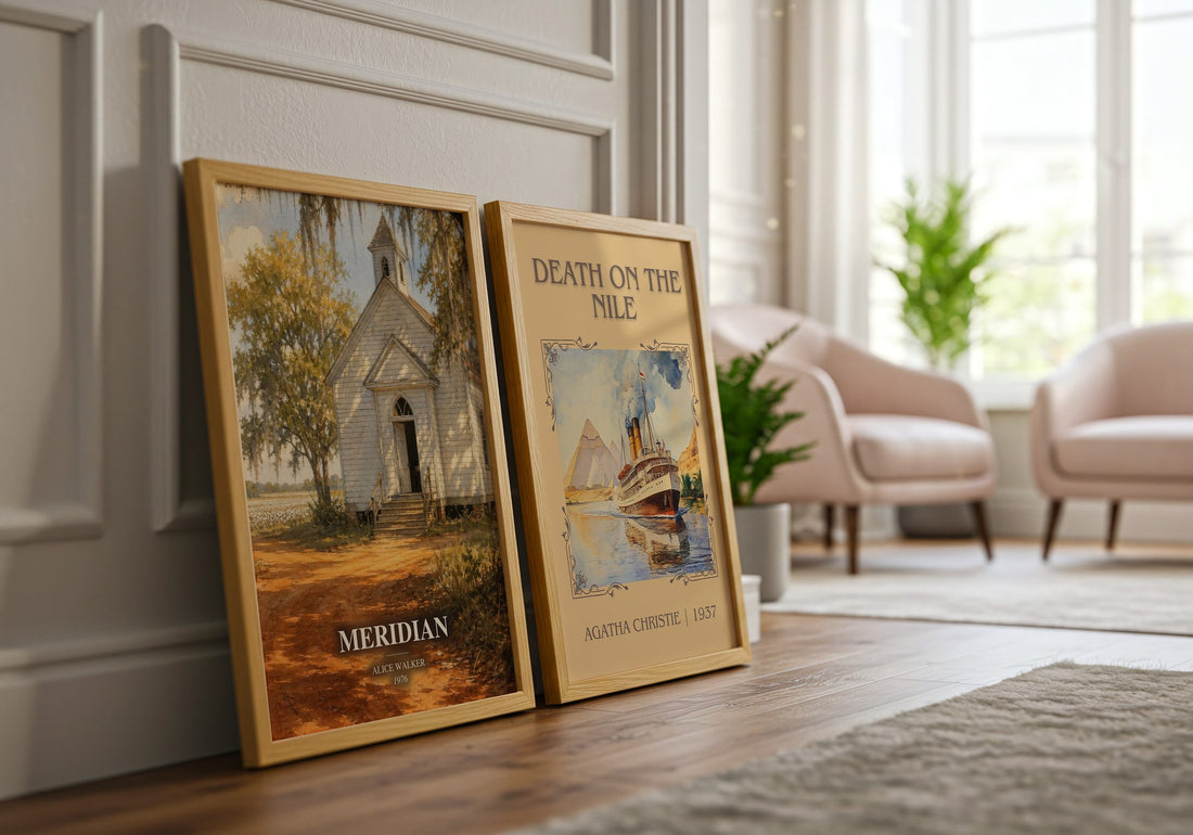 Meridian watercolour print framed by window – literary home decor