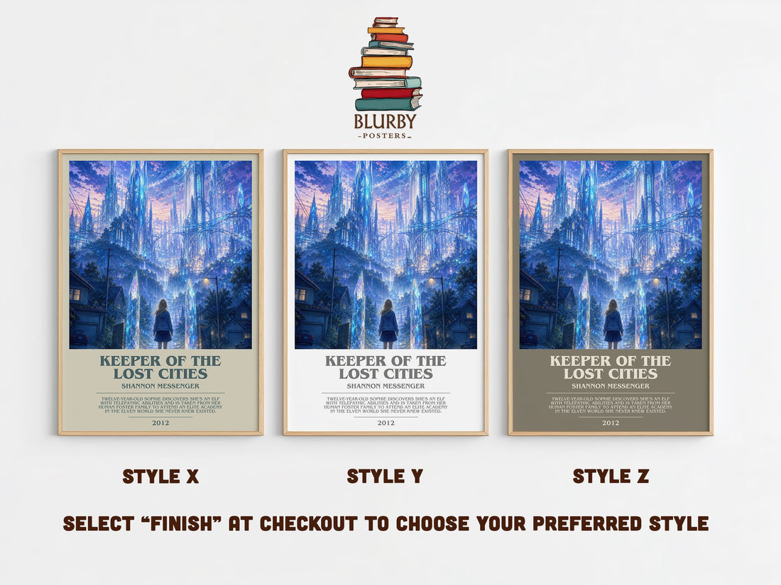 Keeper of the Lost Cities bookish print in frame leaning in hallway – fantasy wall art (mockup)
