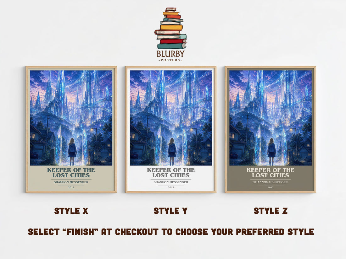 Keeper of the Lost Cities book cover print in frame leaning in hallway – fantasy wall art (mockup)