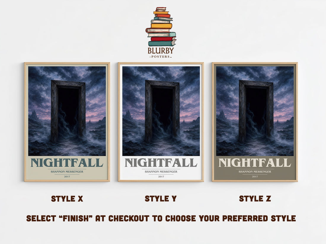 Nightfall book cover print in frame leaning in hallway – young adult wall art (mockup)