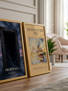 Nightfall watercolour print framed by window – literary home decor