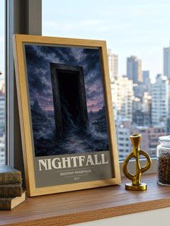 Nightfall book cover print framed by window – literary home decor