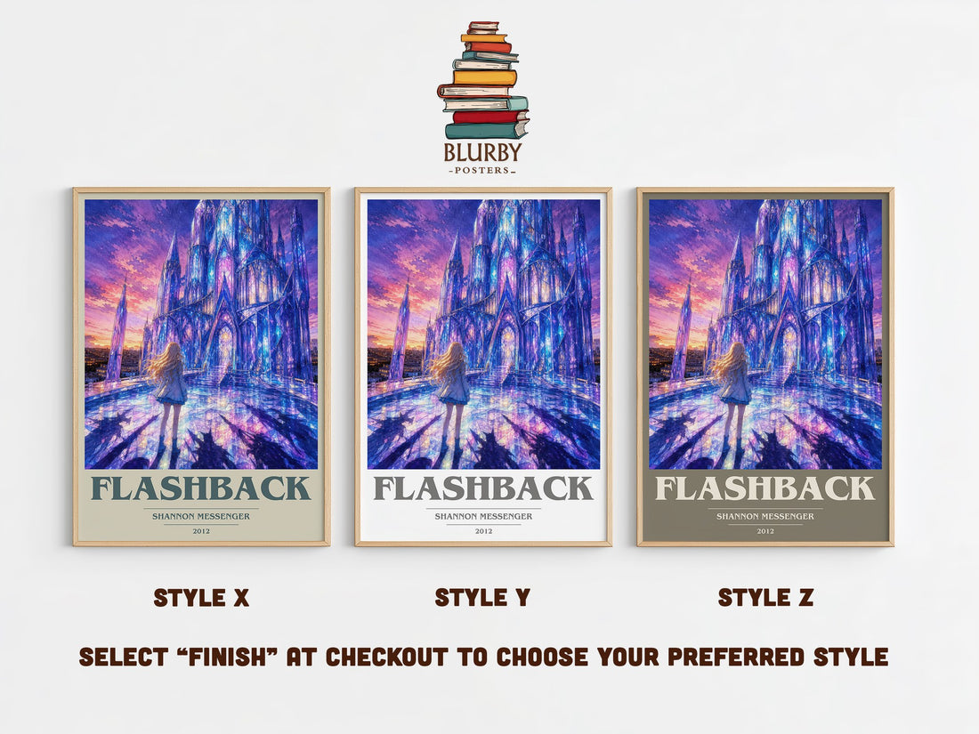 Flashback book cover print in frame leaning in hallway – fantasy wall art (mockup)