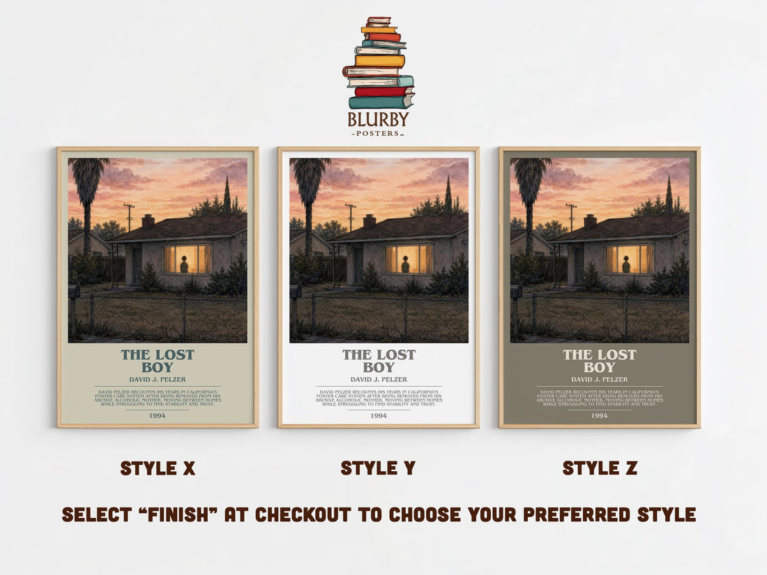 The lost boy bookish print in frame leaning in hallway – memoir wall art (mockup)