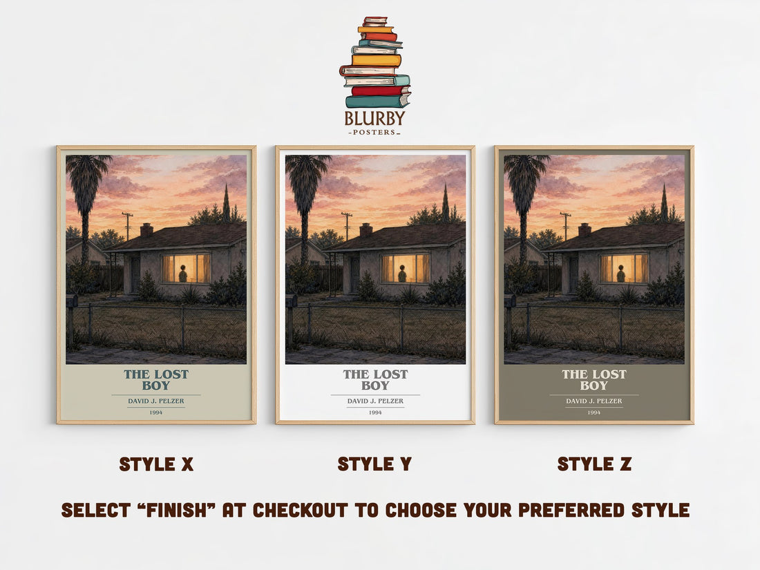 The lost boy book cover print in frame leaning in hallway – memoir wall art (mockup)