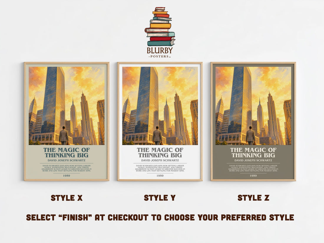 The Magic of Thinking Big bookish print in frame leaning in hallway – non fiction wall art (mockup)